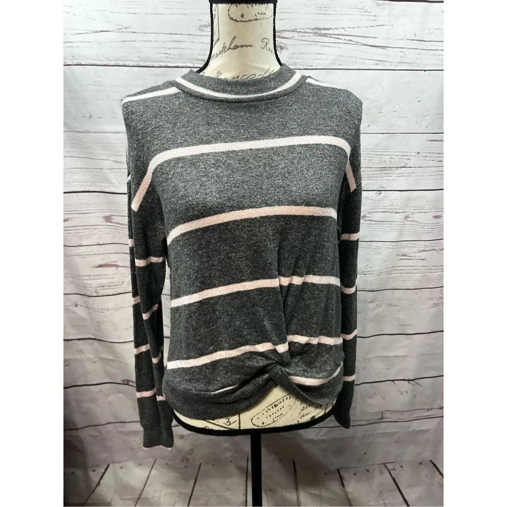June & Hudson Gray Striped Twist Front Long Sleeve Top, Casual Crewneck Pullover